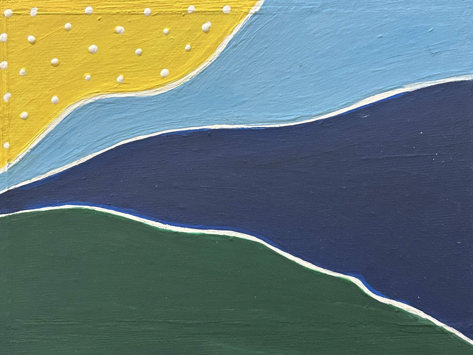 Bold abstract landscape with yellow sun, blue water, and green hill