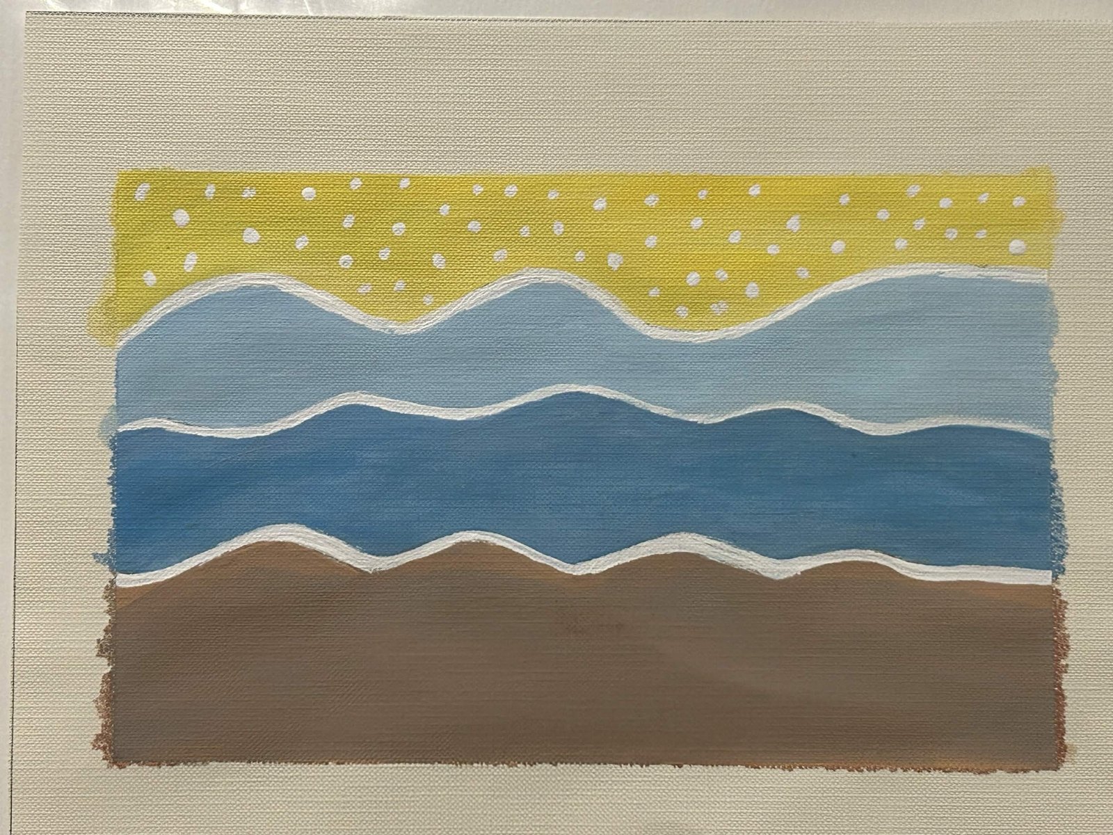 Painting of yellow sky with white dots above blue waves and brown shore