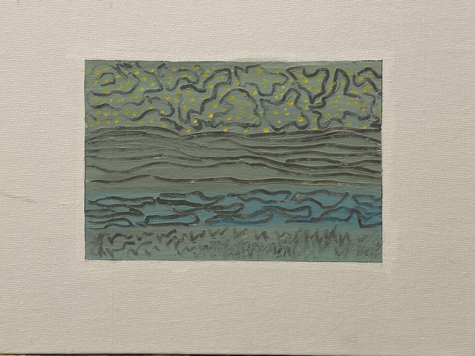 Sage-green night marsh painting with yellow dots and dark linework
