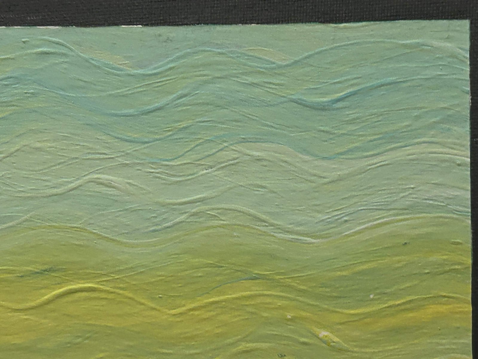 Heavily textured wave painting transitioning from blue-green to yellow