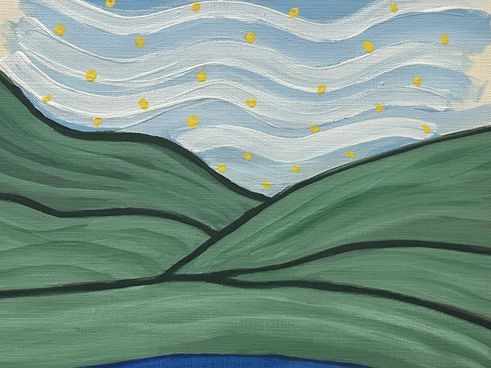 Painting of layered green rolling hills under a wavy sky with yellow dots