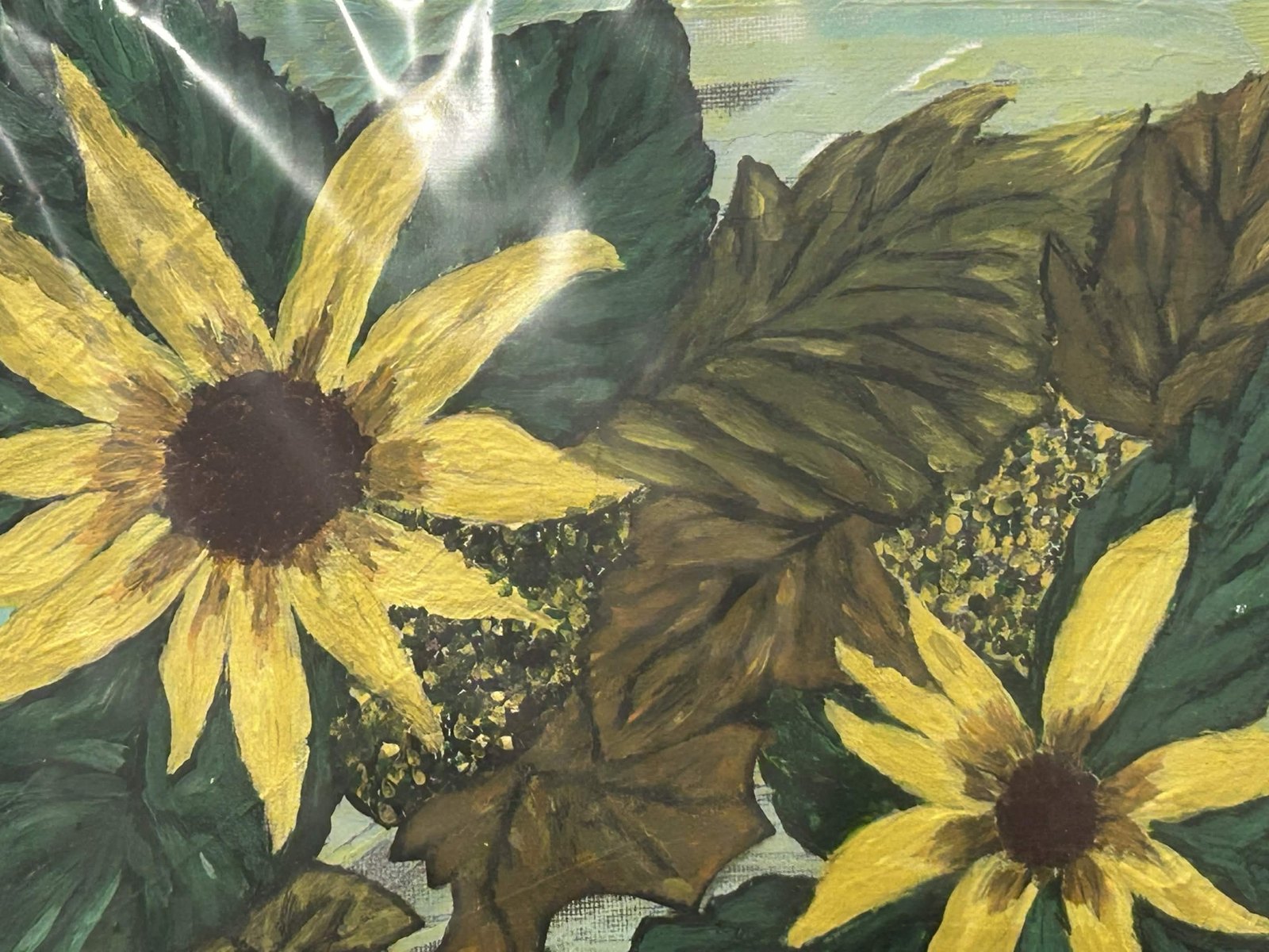 Painting of yellow sunflowers against dark green leaves