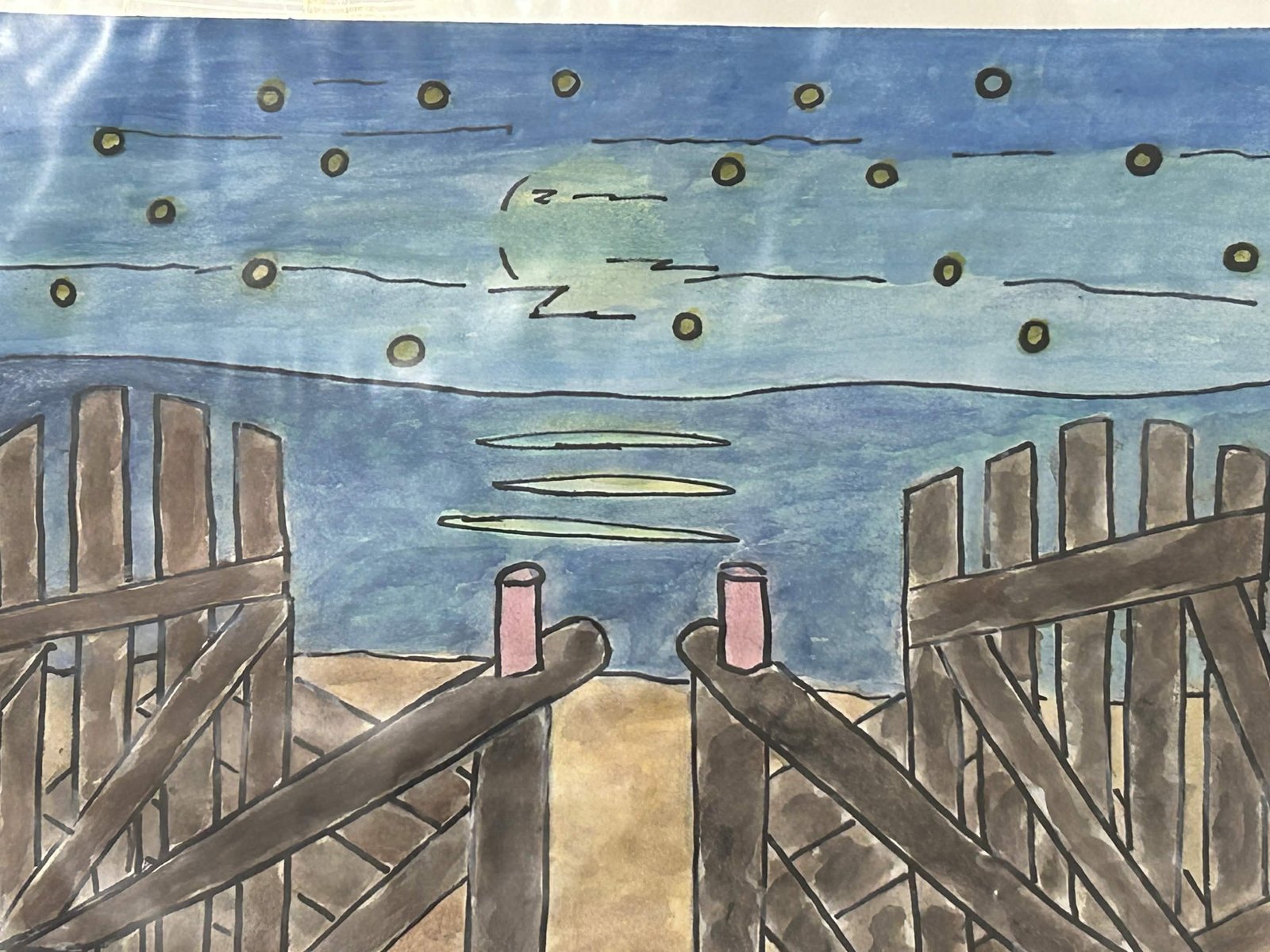 Watercolor of a wooden dock at night under a starry sky