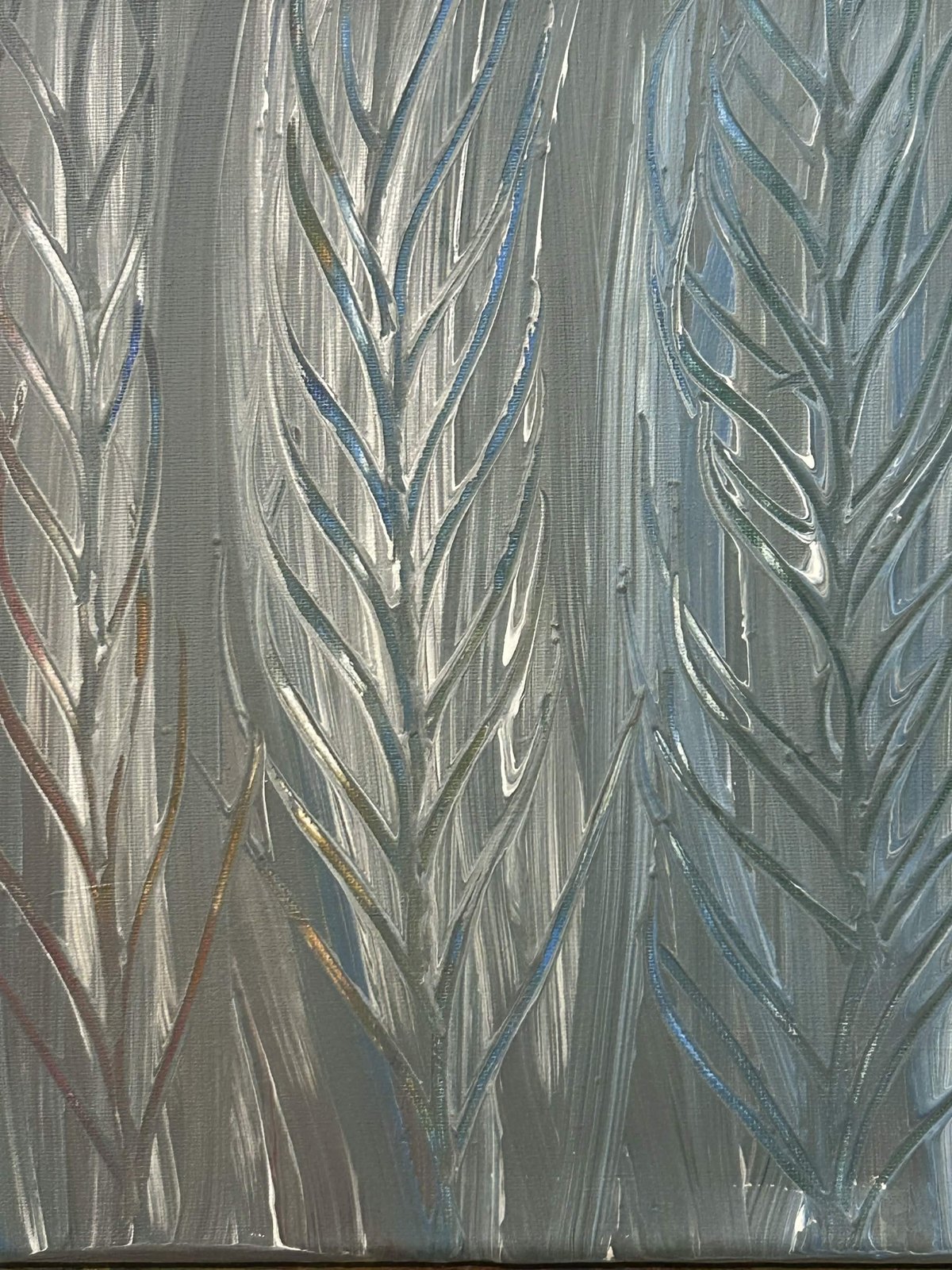 Textured silver and pale-blue painting with feather-like ridges