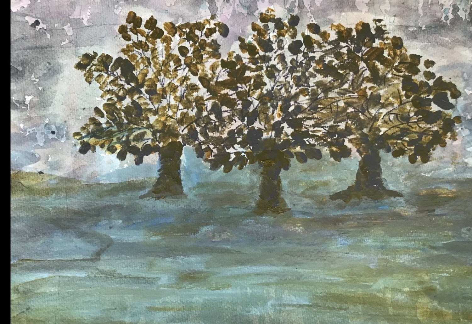 Watercolor of three trees with golden-bronze leaves in a misty marsh under a soft purple-grey sky