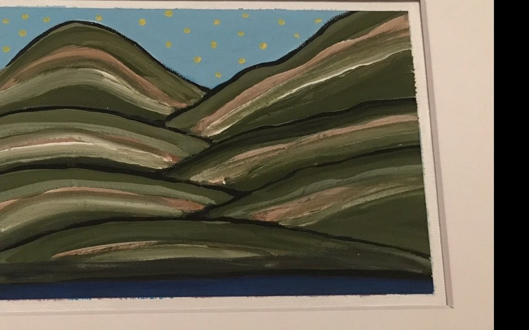Painting of layered green hills with copper and cream striations under a pale turquoise sky scattered with yellow dots