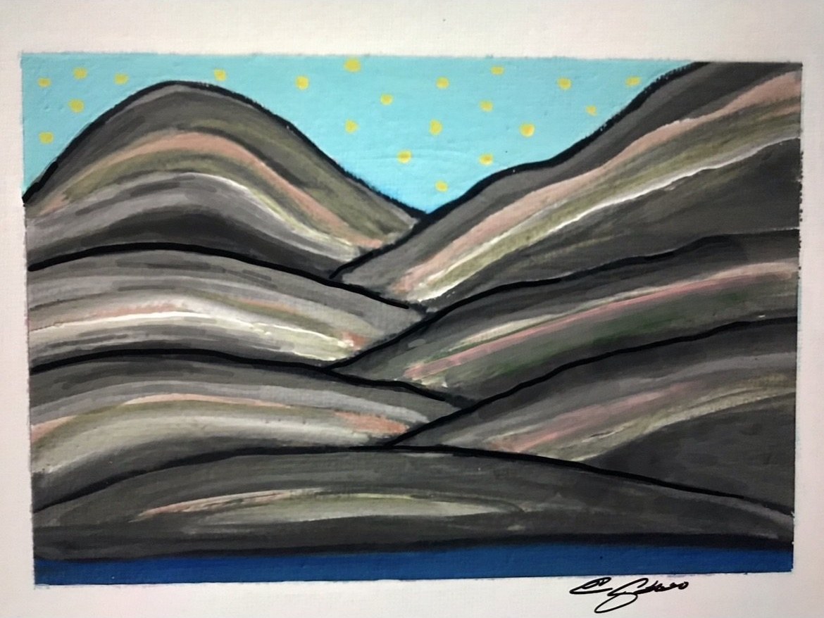 Layered dark hills with copper and sage striations under a turquoise sky scattered with yellow dots — signed original by Long Light Studio