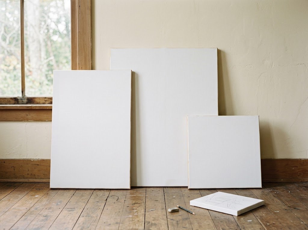Three blank, primed canvases of different sizes leaning against a cream-colored wall in a studio with a wooden window and weathered floorboards, with a small panel and pencil on the floor