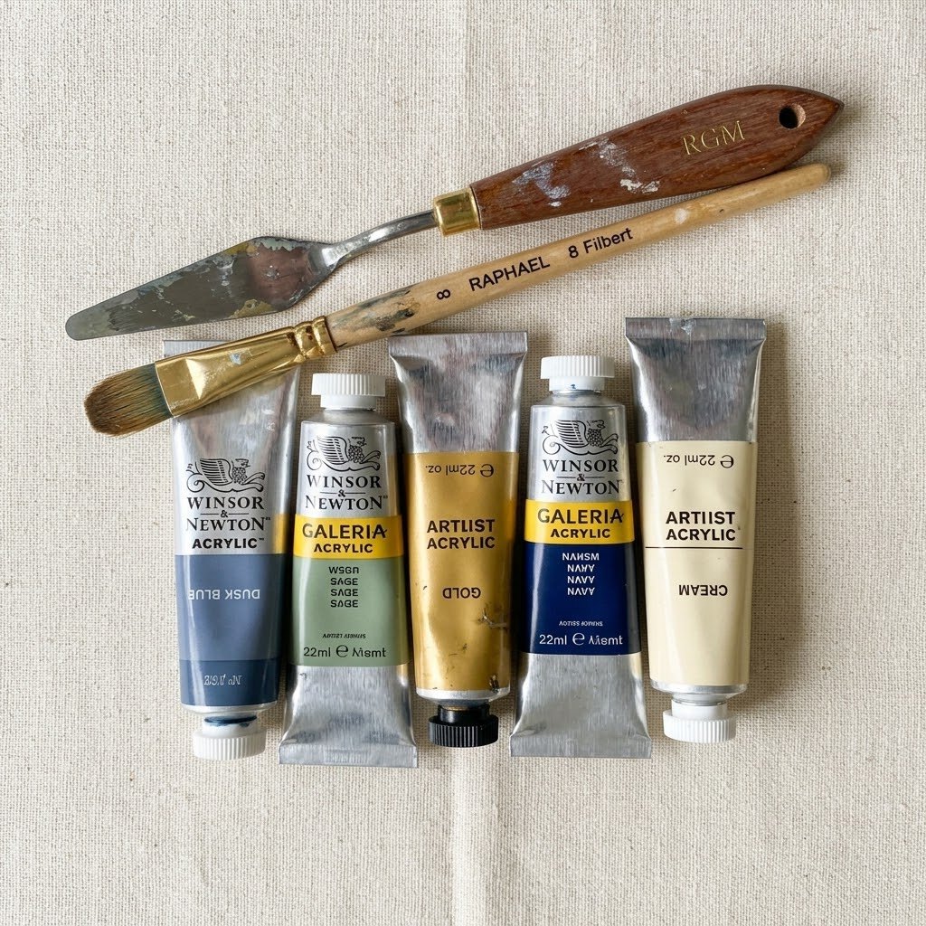 Five tubes of Winsor & Newton acrylic paint — cream, navy, gold, sage, and dusk blue — laid out on cream linen with a Raphael filbert brush and a wooden palette knife