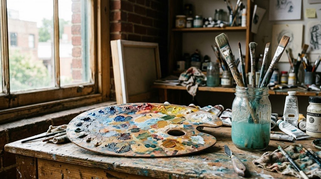 The studio: a paint-loaded wooden palette with a thumbhole, a mason jar of brushes in turquoise rinse water, tubes of Winsor & Newton acrylic, and a small easel by the window