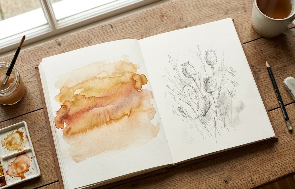 An open sketchbook on a wooden table near a window — one page shows a copper-toned watercolor wash, the other a pencil sketch of poppy seedheads. A mug of tea, a watercolor palette with paint wells, and a brush in a jar of pigment-tinted water sit nearby.
